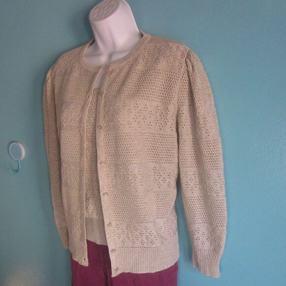Vivanti Vintage Sweater Set  2 Piece Womens Size M Tan Crochet Top & Cardigan - Picture 1 of 16